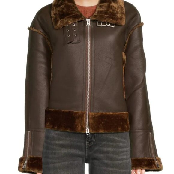 NEW HUDSON Cropped Faux Leather And Shearling Aviator Jacket in brown 1025 4m2 - Picture 5 of 6